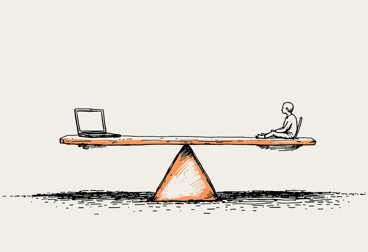 Hand-drawn balance scale weighing a laptop against a person at a desk