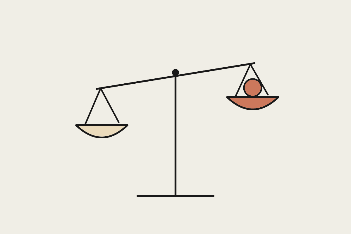A hand-drawn balance scale weighing two model options, one pan holding a terracotta cost token