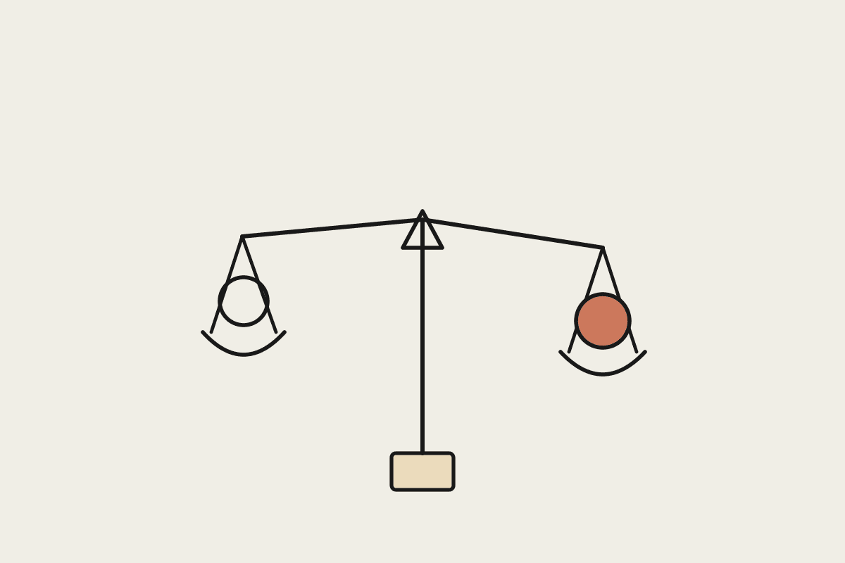 A hand-drawn balance scale weighing two options, one pan filled terracotta, illustrating the Claude versus Copilot decision