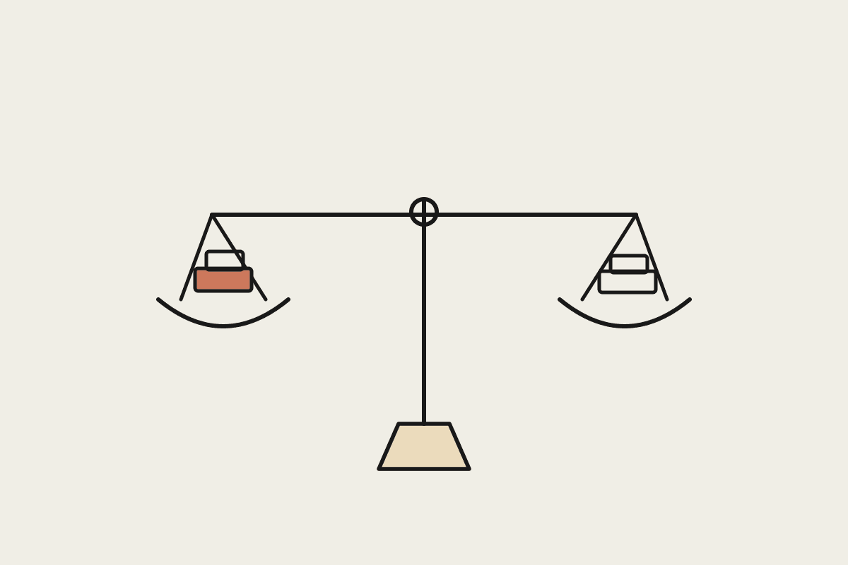 A hand-drawn balance scale weighing two small stacks, one tipped in terracotta, representing an SDK comparison.