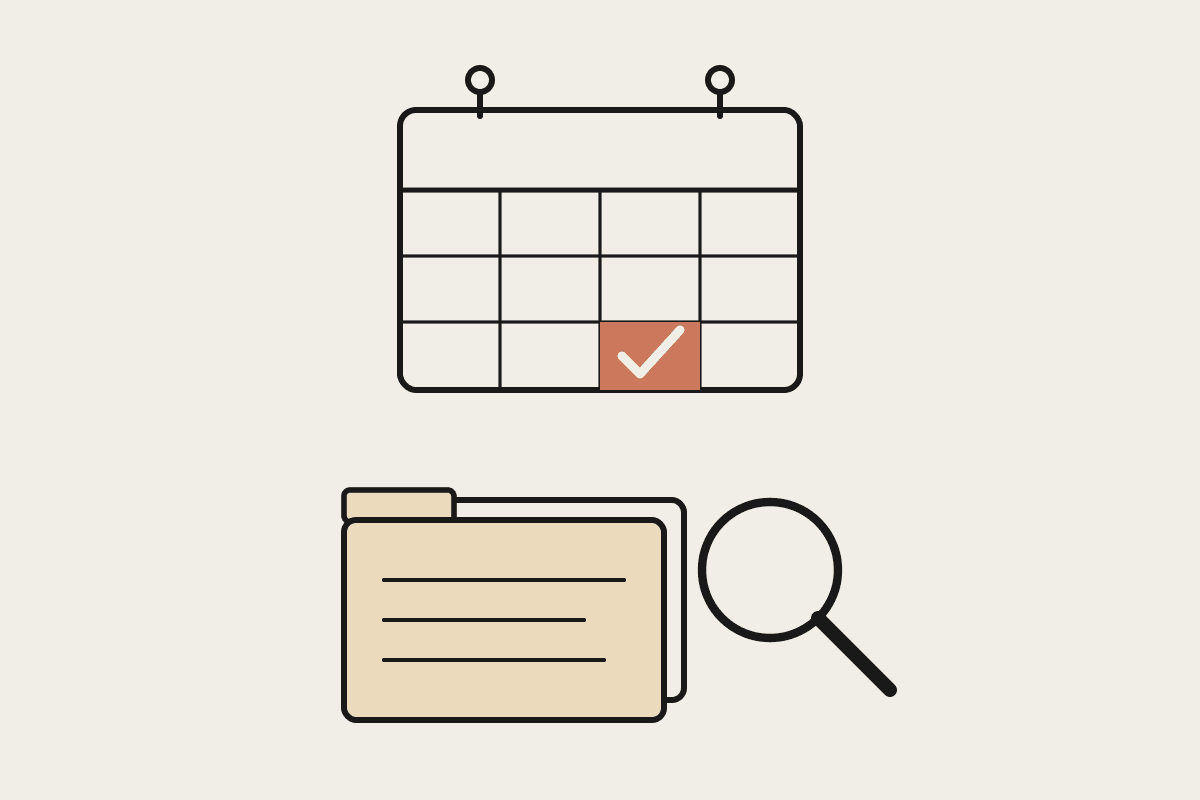 A hand-drawn calendar with a term-three date checked off in terracotta, beside a folder stack and magnifying glass