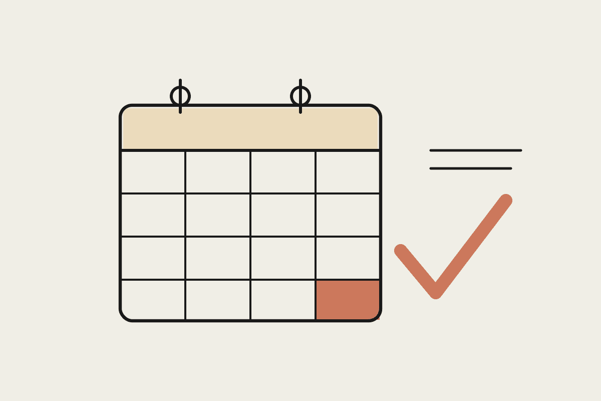 A hand-drawn calendar with the final week ticked off and a large terracotta check mark beside a ledger, showing a completed month-end close