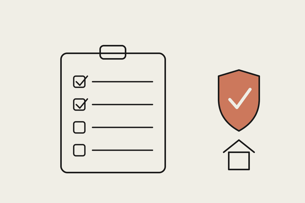 A hand-drawn checklist clipboard beside a terracotta insurance shield with a tick and a small house