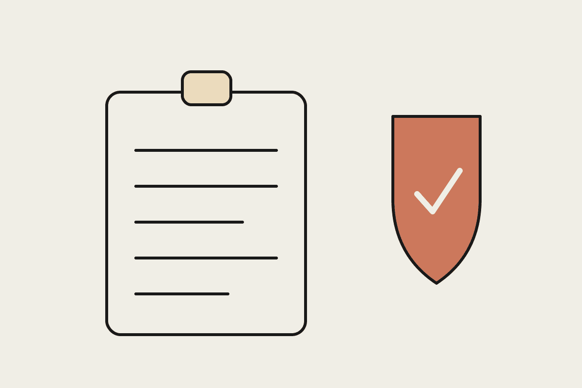 A hand-drawn clipboard roster beside a terracotta security shield badge