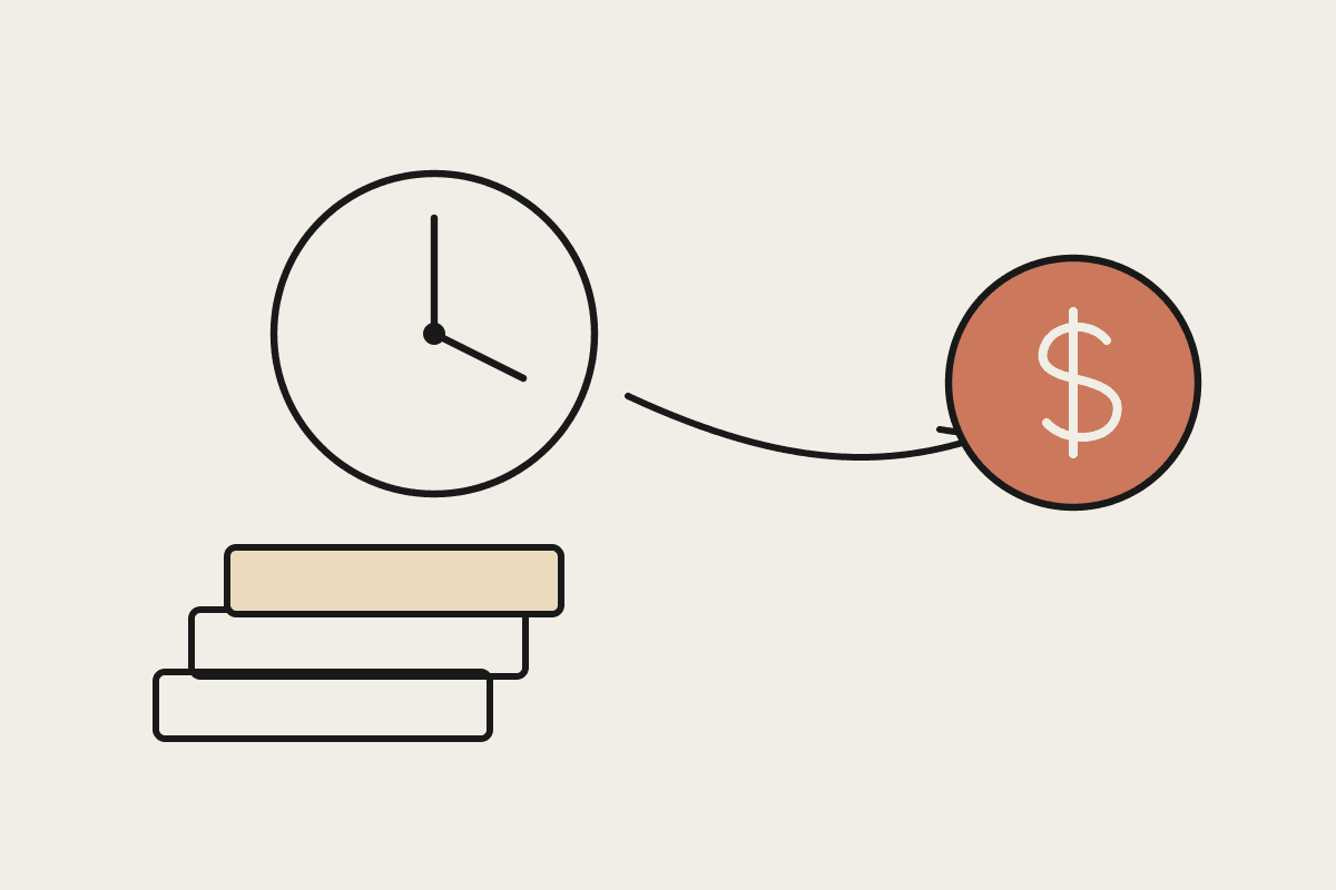 A hand-drawn clock feeding into a terracotta dollar coin beside a stack of paperwork, showing manual admin time turning into cost