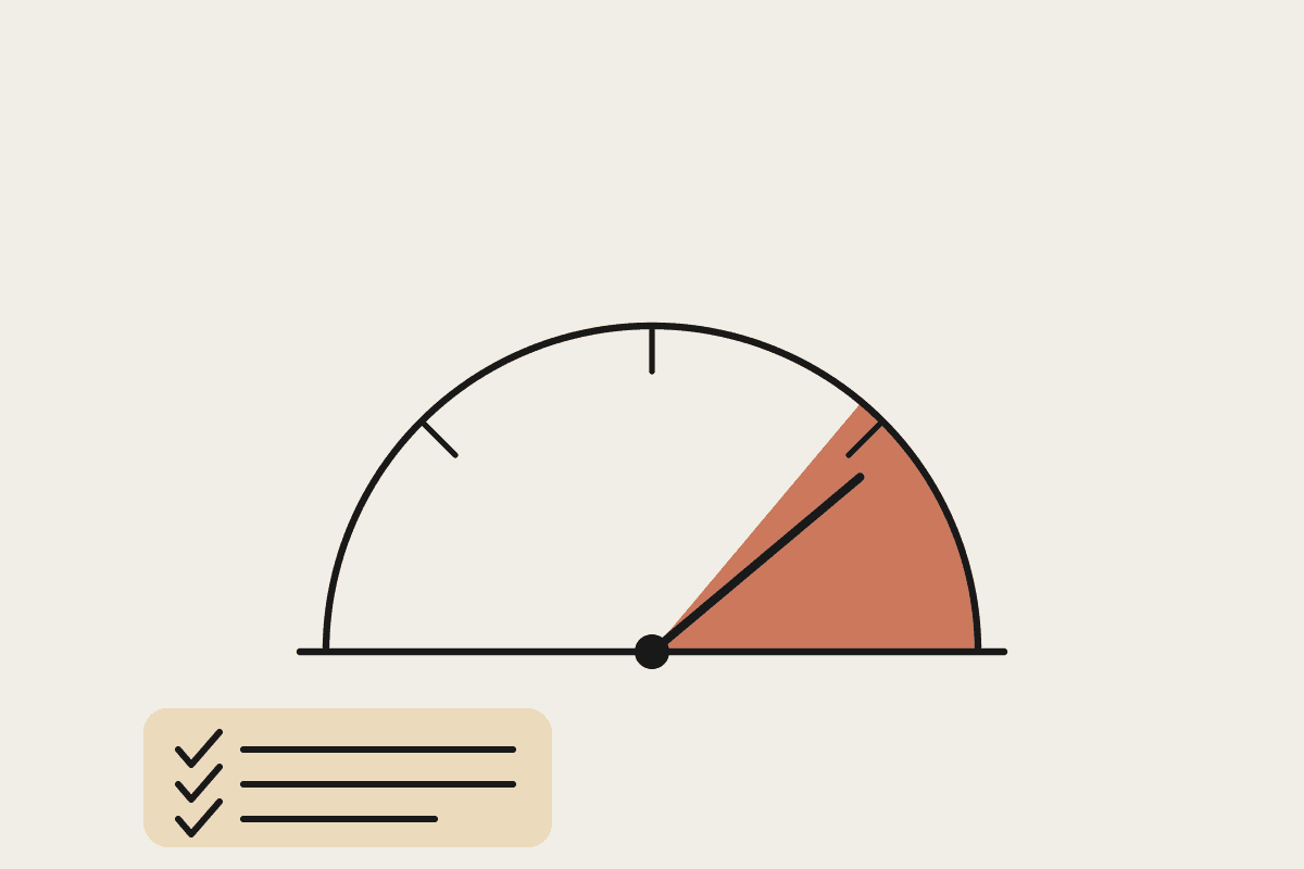 A hand-drawn coverage gauge with the needle pointing into a terracotta high-coverage zone beside a checklist of passing tests