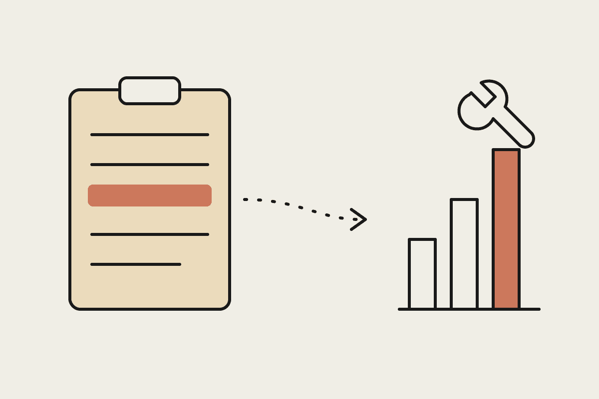 A hand-drawn estimate clipboard feeding into a job-costing bar chart with one terracotta bar
