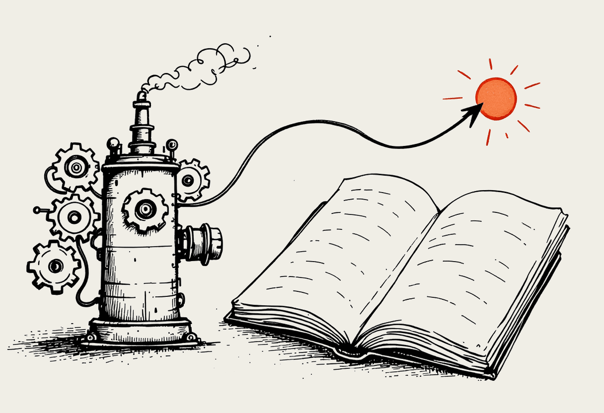 Hand-drawn illustration of a factory machine feeding data into a notebook chart trending upward