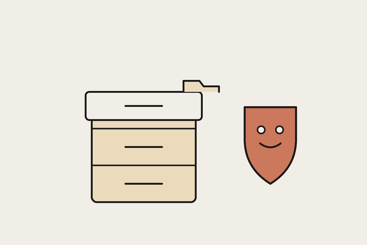 A hand-drawn filing cabinet beside a friendly shield character, representing privacy and records protection.