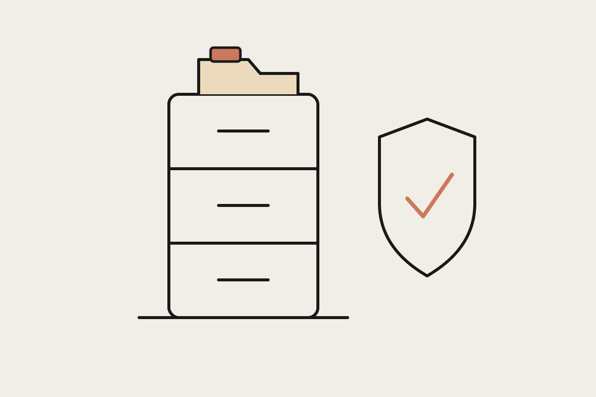 A hand-drawn filing cabinet beside a shield with a terracotta tick, representing files kept under control