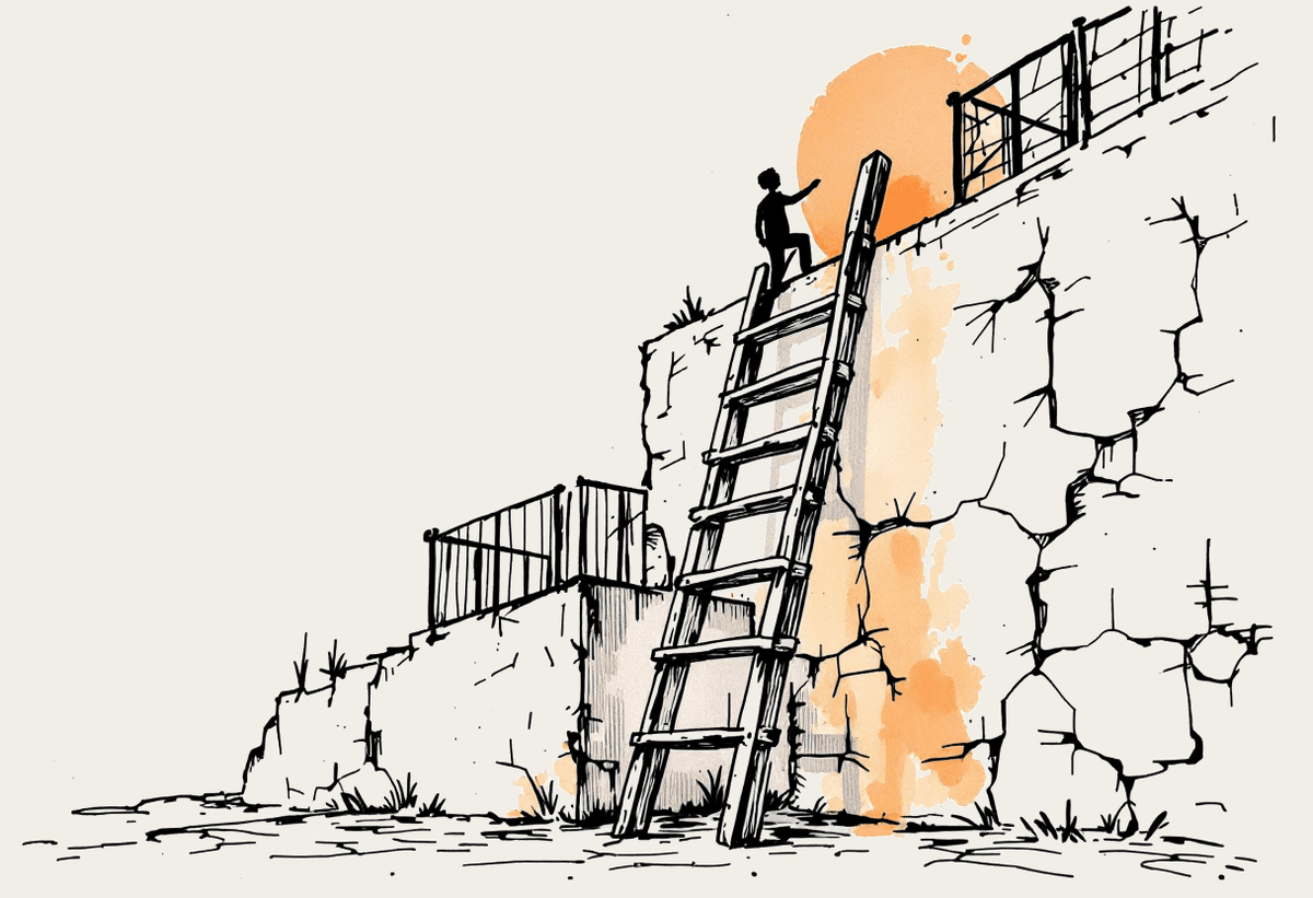 Hand-drawn four-rung learning ladder with a figure climbing