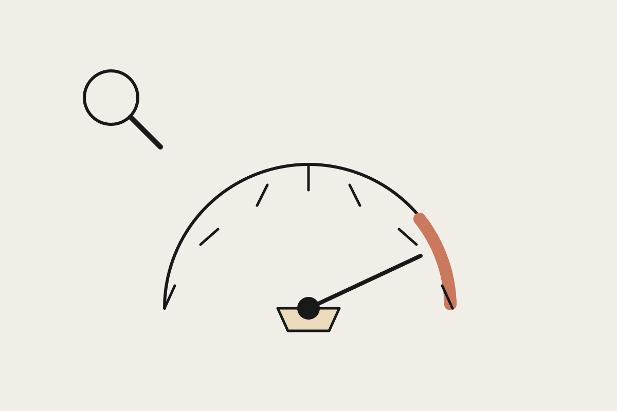 A hand-drawn gauge with a needle pointing into a terracotta safe zone, examined by a magnifying glass, illustrating scrutiny over a benchmark headline