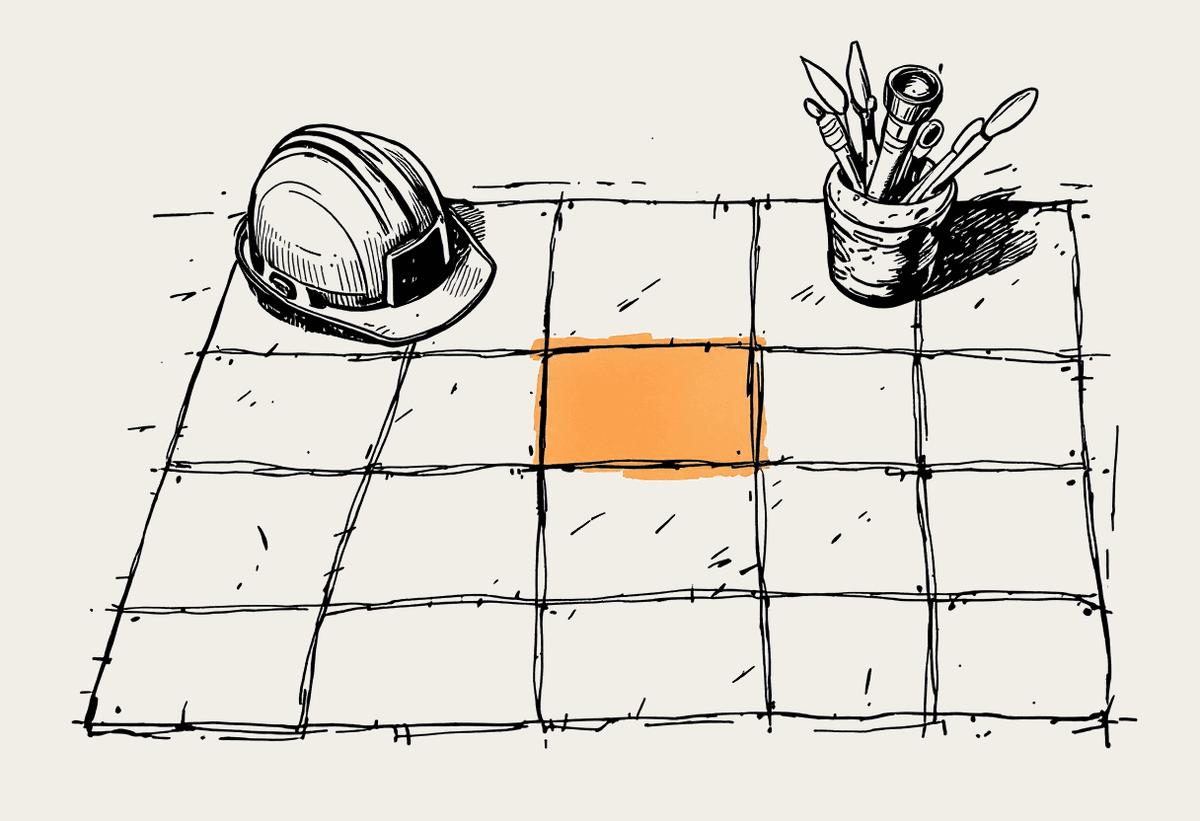 Hand-drawn illustration of a simple spreadsheet-style grid with a hard hat resting on one corner and a single cell shaded terracotta