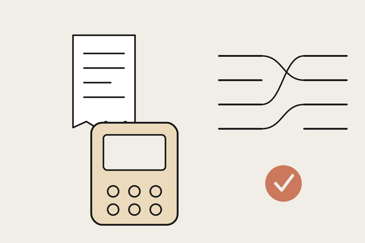 A hand-drawn HICAPS card terminal with a receipt beside two ledger columns matched by lines and a terracotta approval tick
