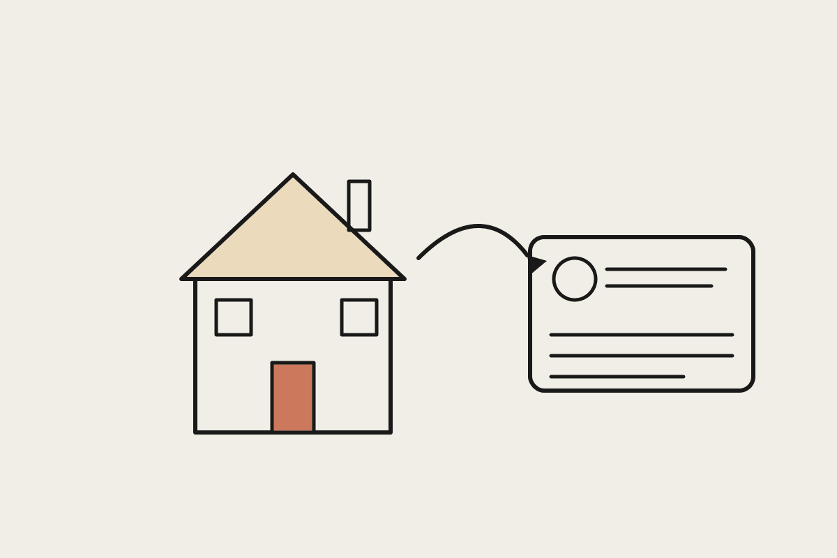 A hand-drawn house connected by a curved arrow to a CRM contact card, representing property data flowing into a customer record