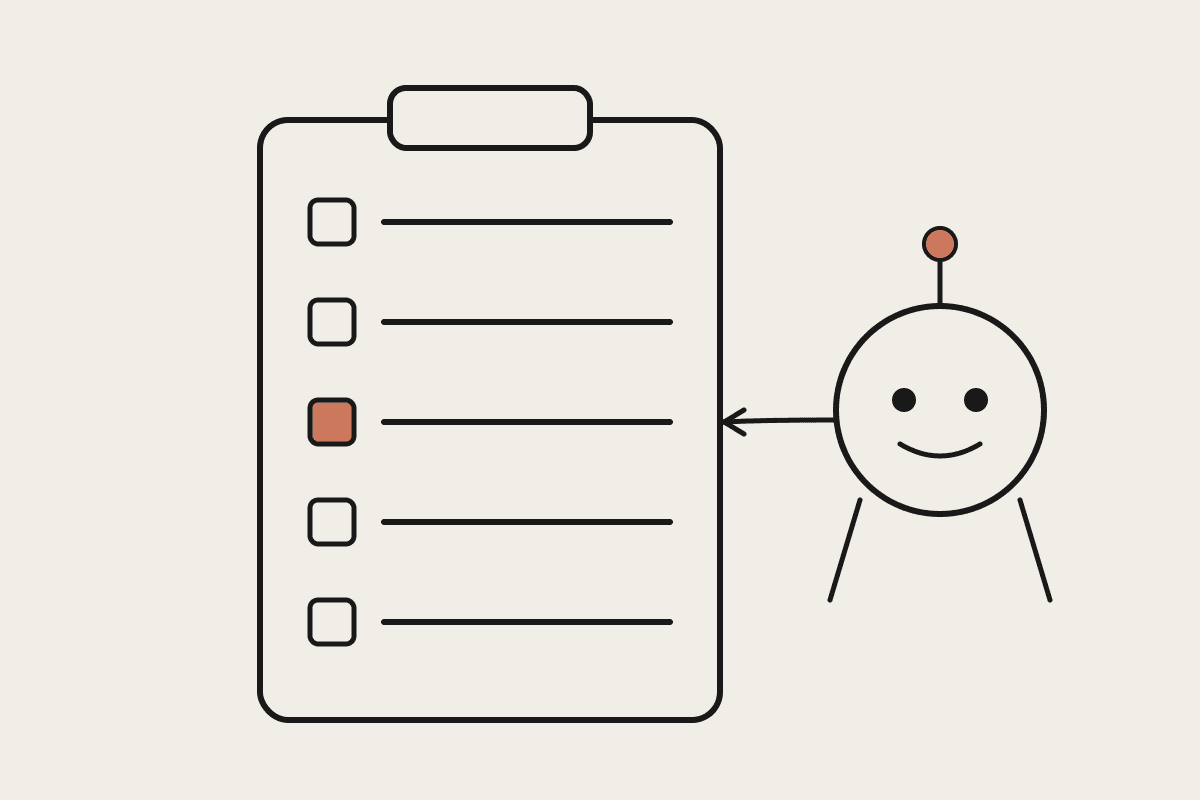 A hand-drawn illustration of a clipboard job board with an agent character flagging one job with a terracotta marker