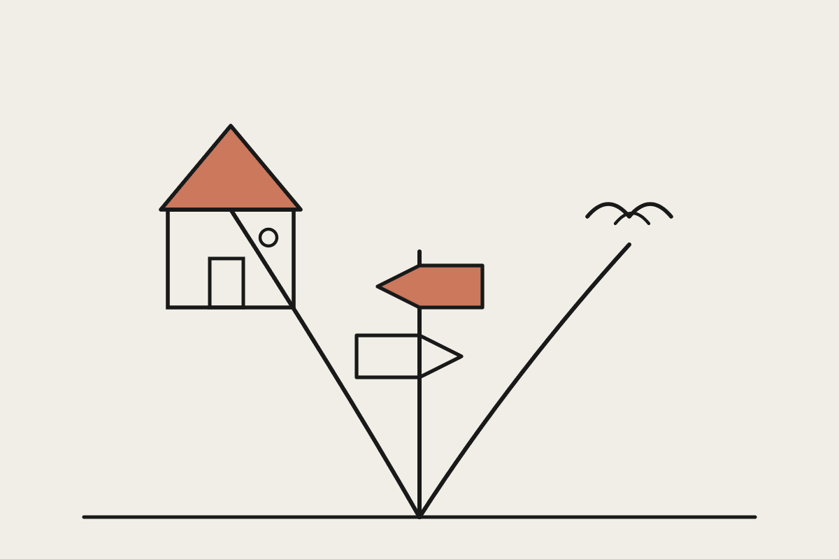 A hand-drawn illustration of a signpost on a forking road, one path filled terracotta leading to a small building, the other outlined leading to a bird in flight.