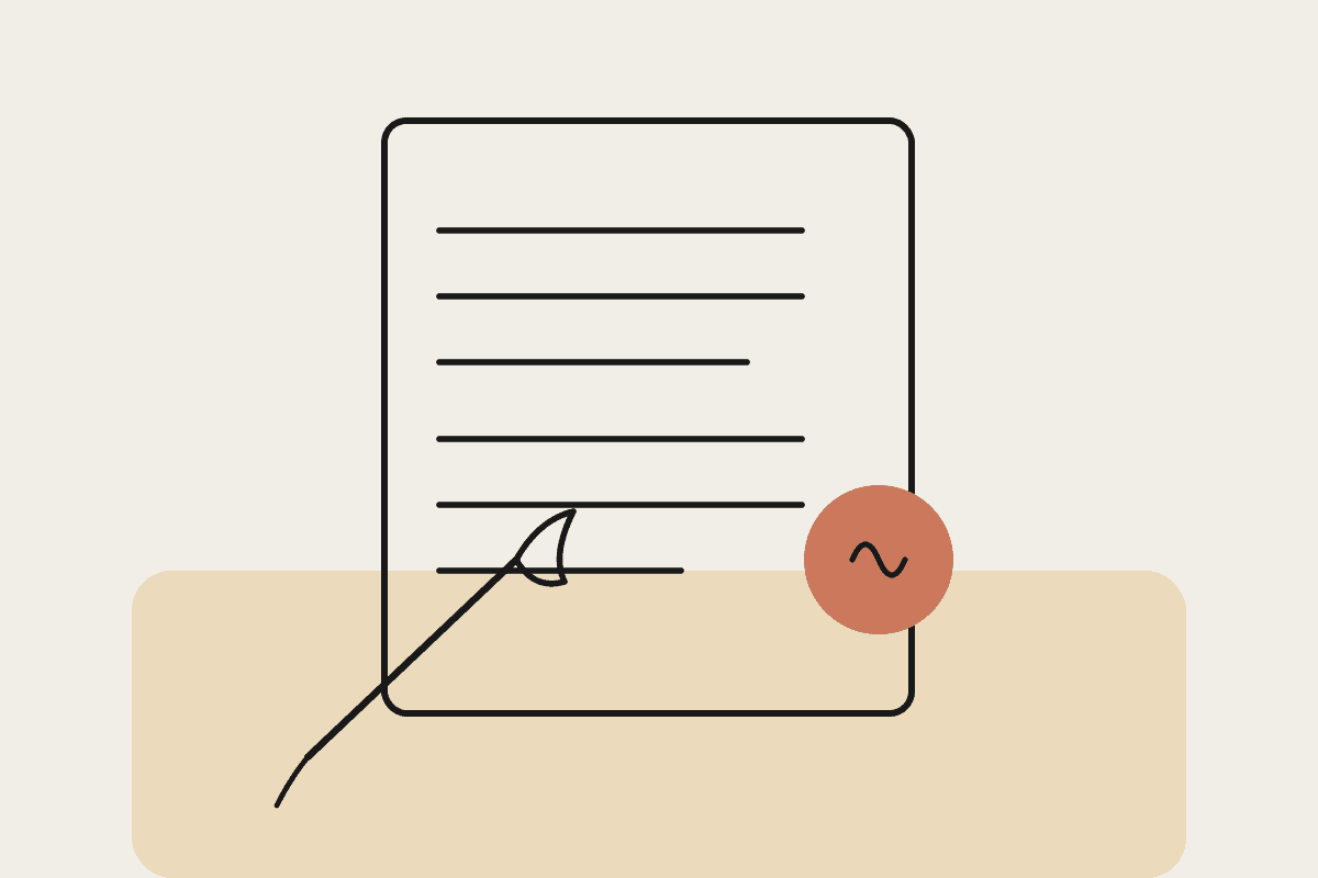 A hand-drawn illustration of a will document on a desk with a terracotta wax seal and a quill pen