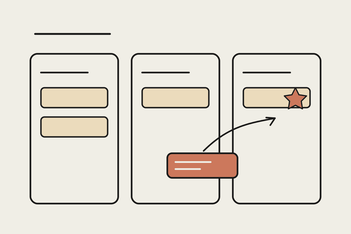 A hand-drawn kanban board with a terracotta card moving into the Done column, showing automated sprint status changes