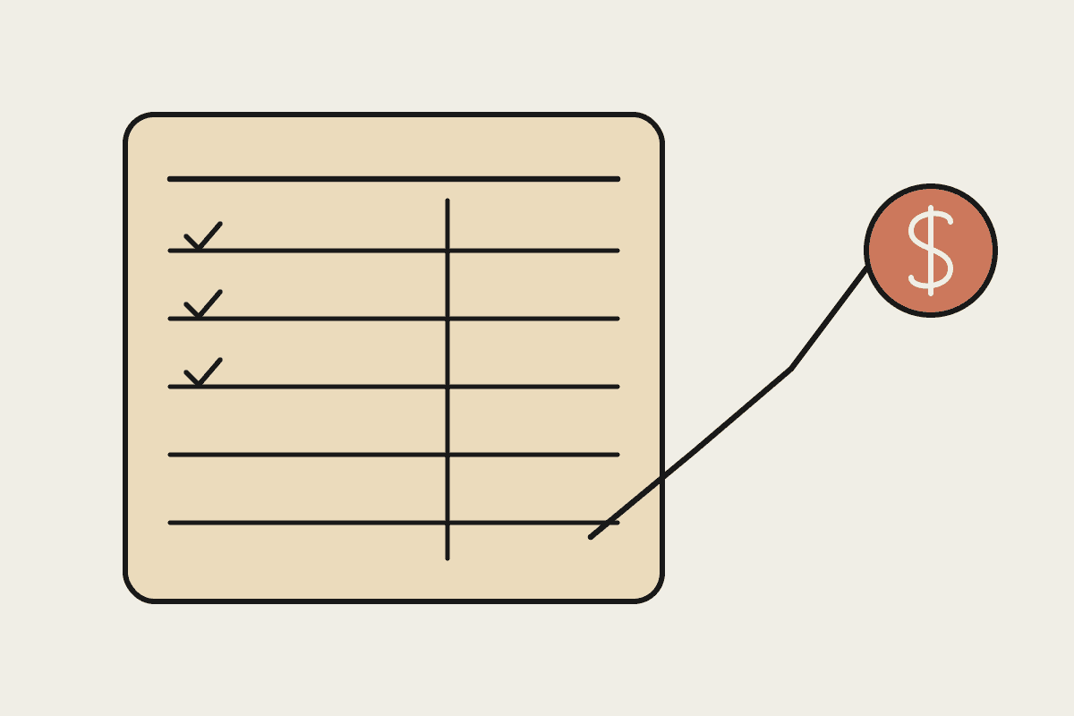 A hand-drawn ledger card with ticked task rows and a rising line leading to a terracotta dollar coin, showing saved time converting into return.