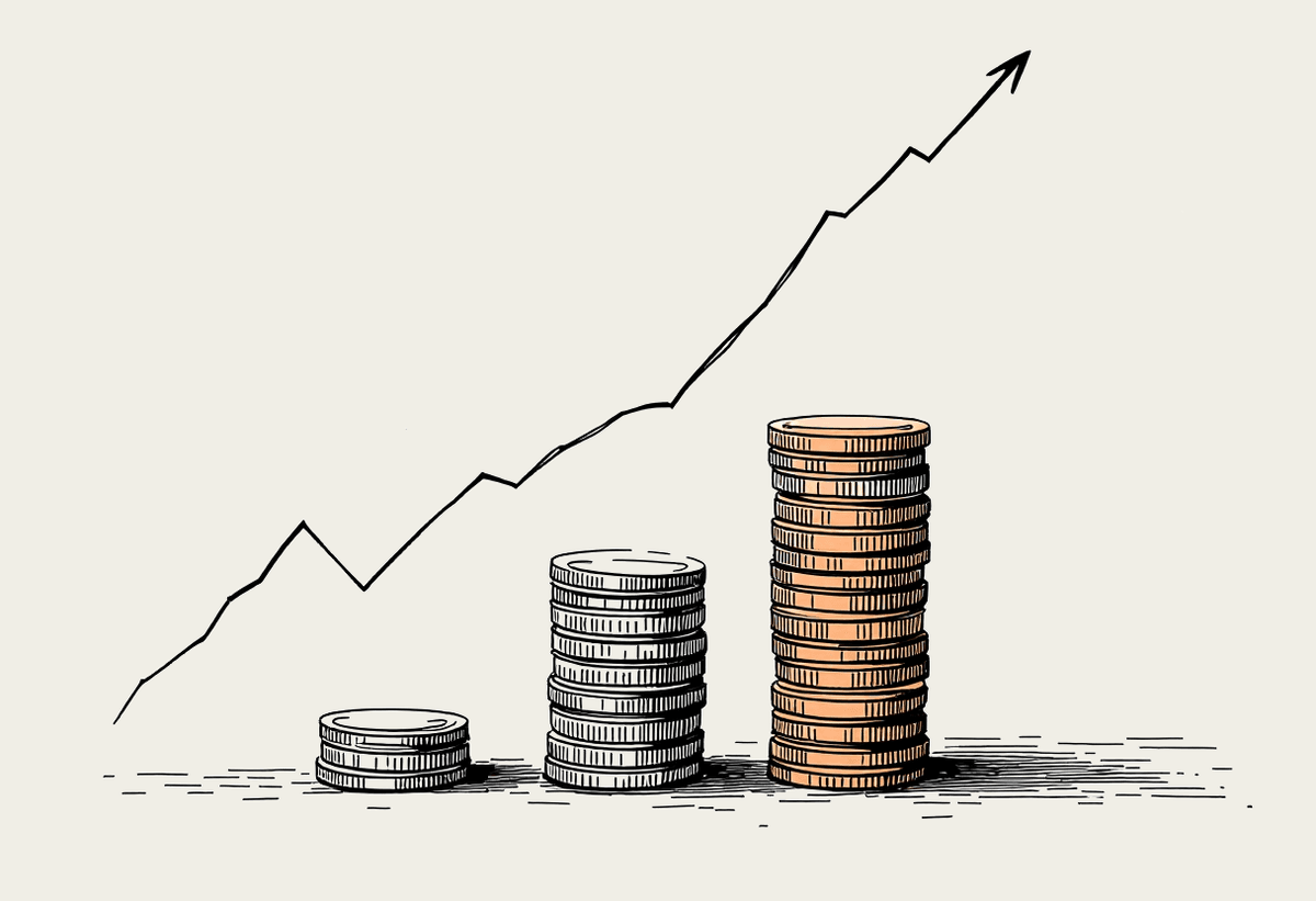 Hand-drawn illustration of a rising cost line above three stacks of coins