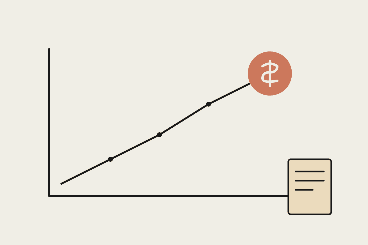 A hand-drawn line chart rising to a terracotta coin beside a stack of invoices, representing AI-assisted work pricing