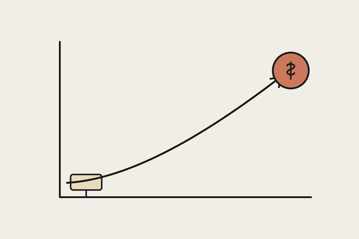 A hand-drawn line rising across ink axes from a small budget-price tag up to a large terracotta value coin, showing return outweighing subscription cost.