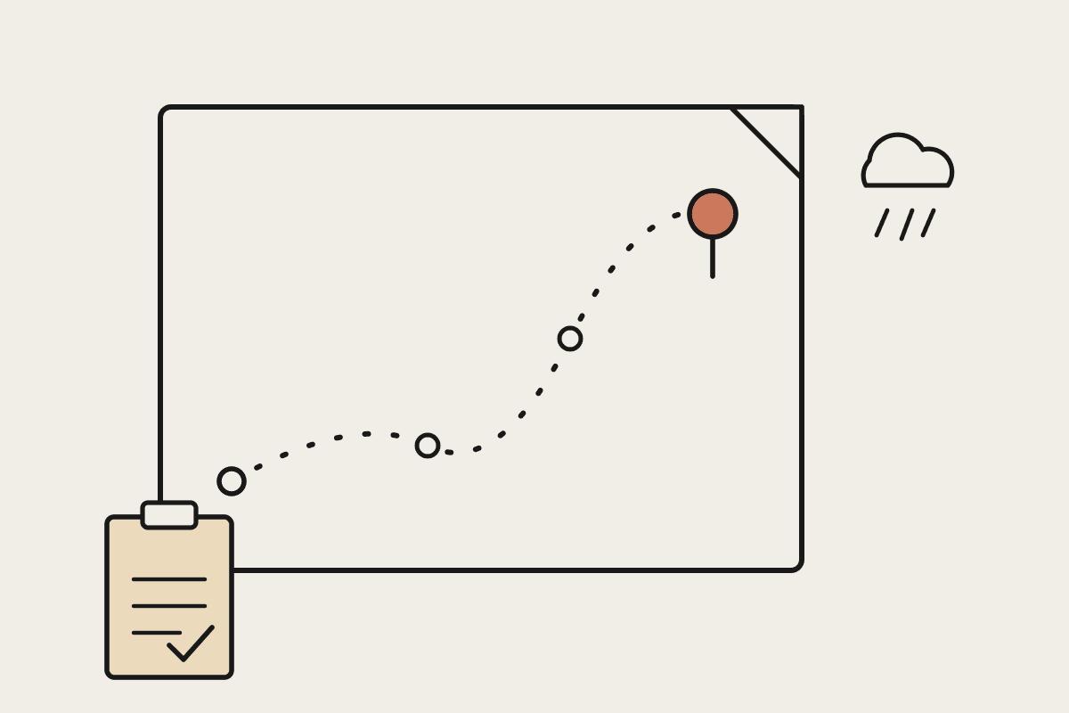 A hand-drawn map with a dotted route to a terracotta destination pin, a rain cloud, and a signed waiver clipboard
