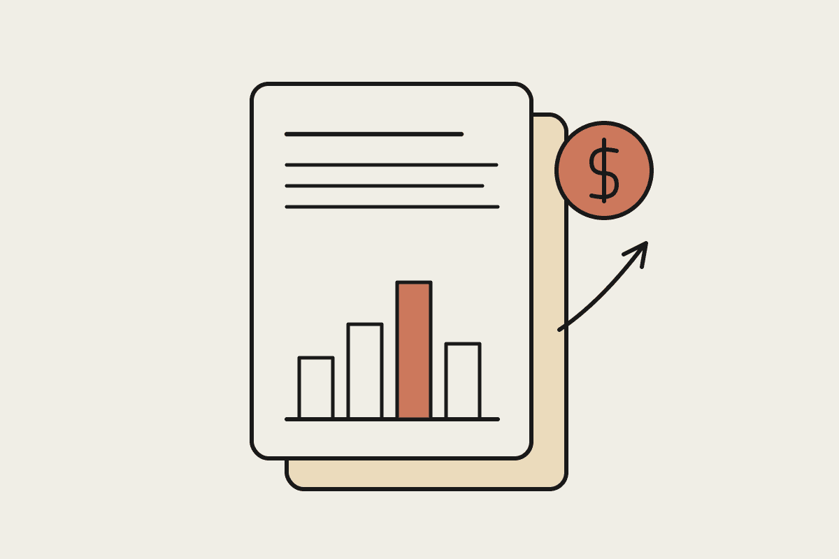A hand-drawn monthly management report with a bar chart and a rising trend toward a dollar coin