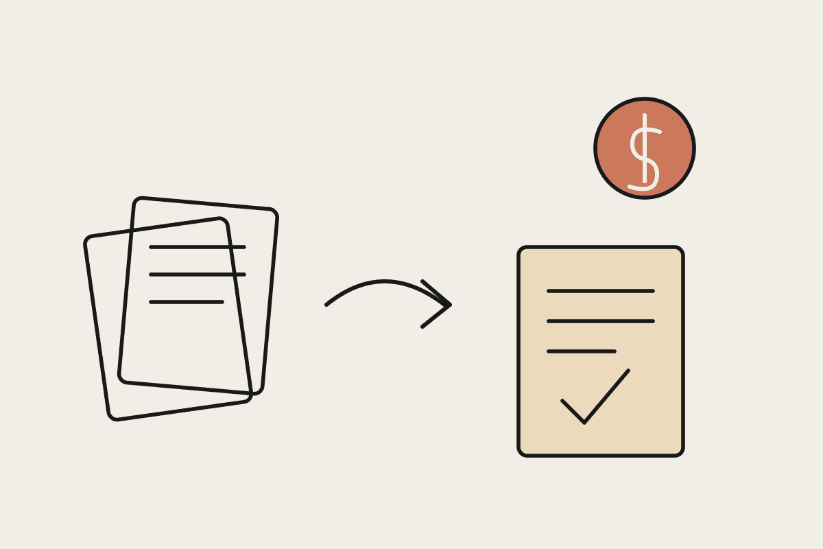 A hand-drawn notebook sketch of messy documents flowing into a tidy, verified stack beside a terracotta dollar coin