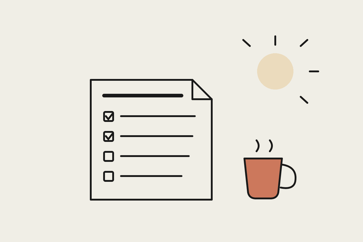 A hand-drawn one-page Monday brief with a checklist, a coffee mug and a rising sun