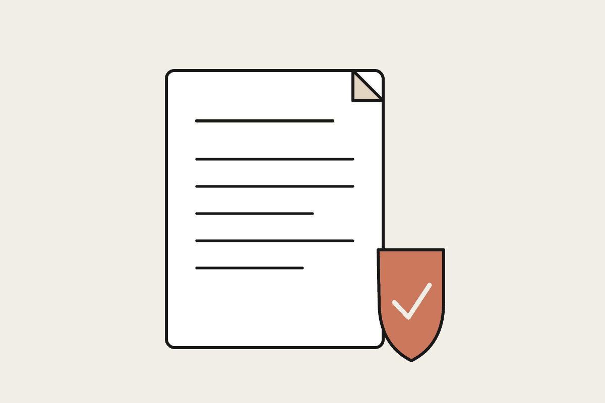 A hand-drawn one-page policy document with a terracotta shield and tick beside it