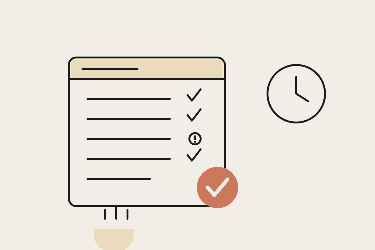 A hand-drawn roster sheet with ticks, a clock and a terracotta approved stamp, beside a coffee cup