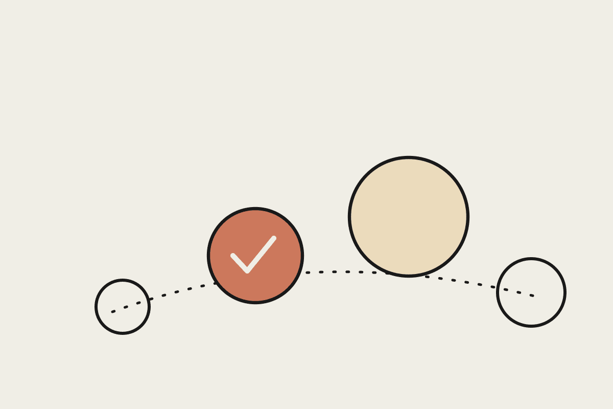 A hand-drawn row of four differently sized circles with the mid-sized one filled terracotta and ticked, showing how to choose the right Claude model for a job.