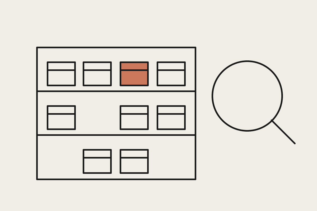 A hand-drawn shelf of stock boxes with one box highlighted and a magnifying glass inspecting the shelf, representing stocktake variance analysis.