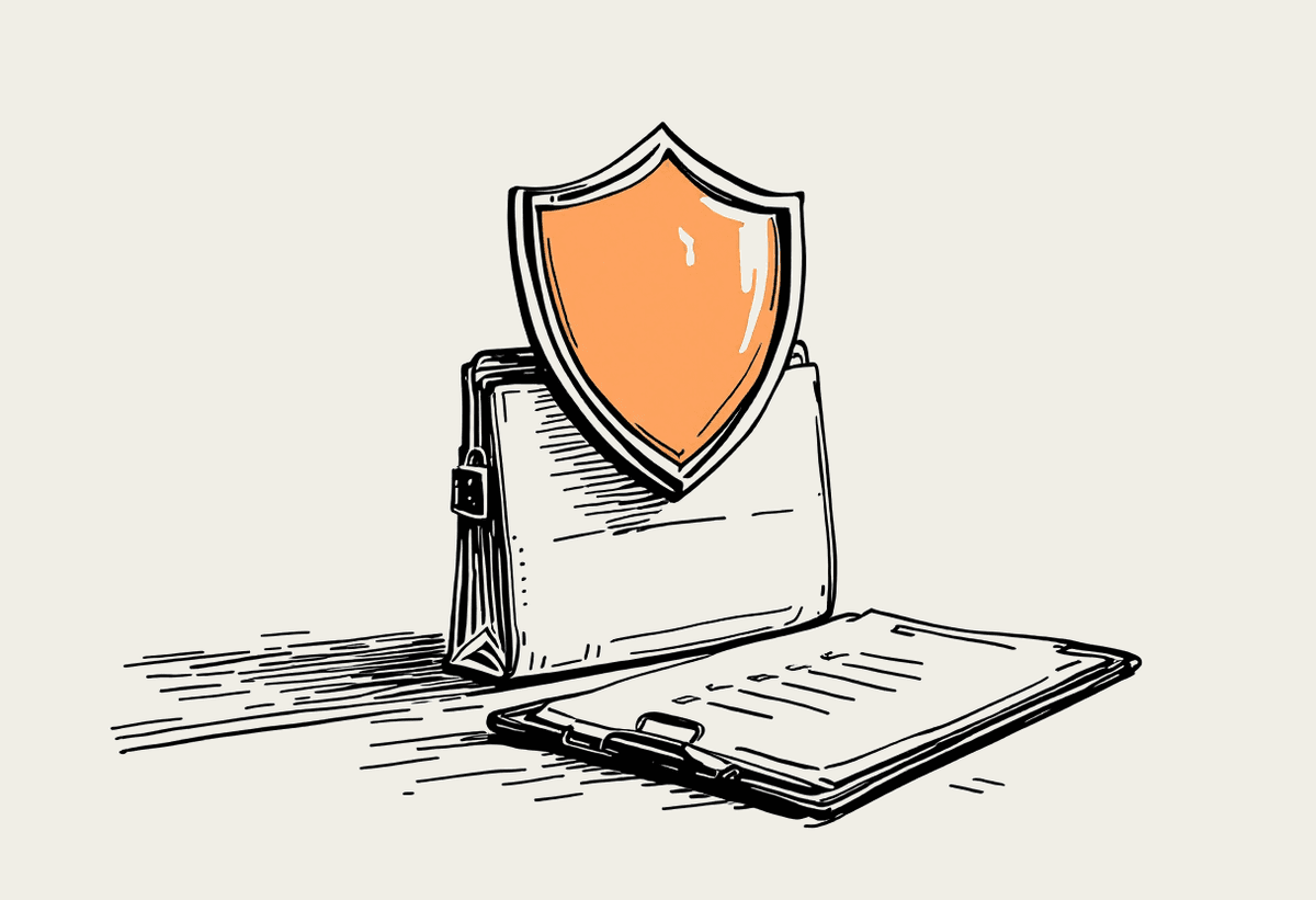 Hand-drawn shield over a padlocked folder beside a checklist clipboard