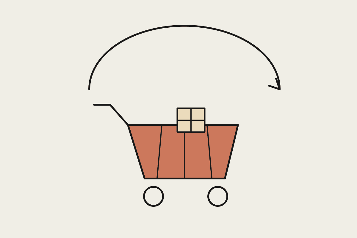 A hand-drawn shopping cart with a package inside and a workflow loop arrow above it