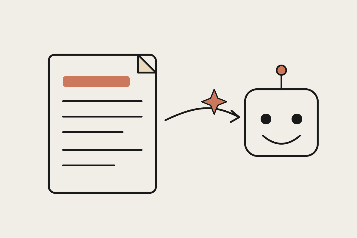 A hand-drawn SKILL.md document with instruction lines flowing along an arrow to a friendly Claude robot, a terracotta spark between them.