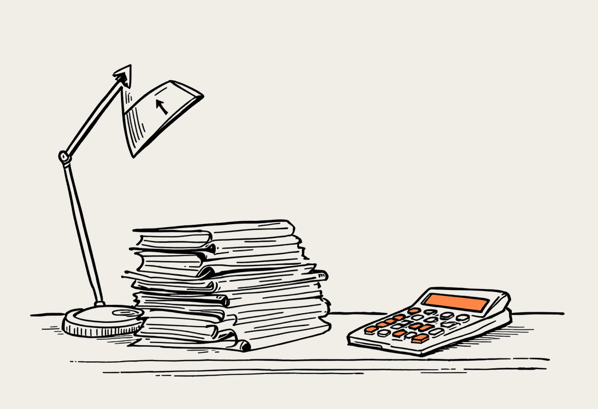 Hand-drawn stack of document folders and a calculator on a desk