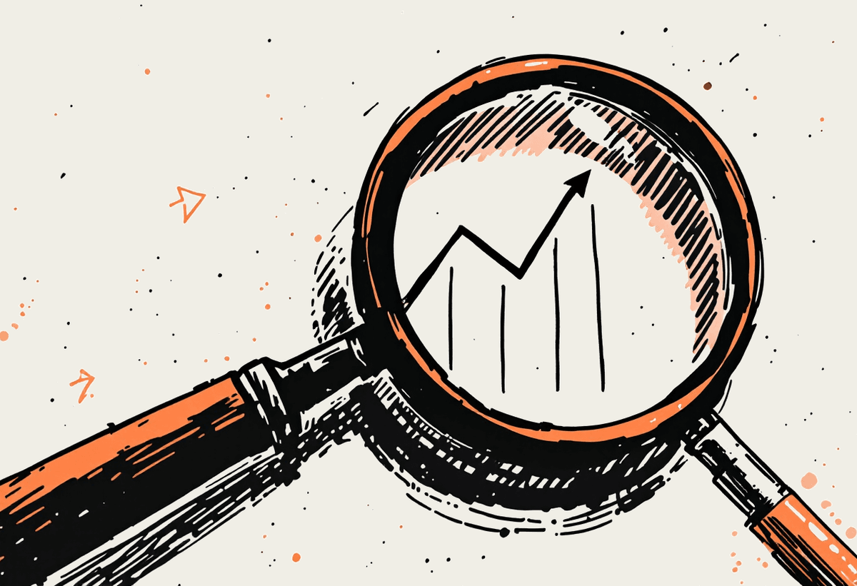 Hand-drawn upward chart with a magnifying glass inspecting a data point
