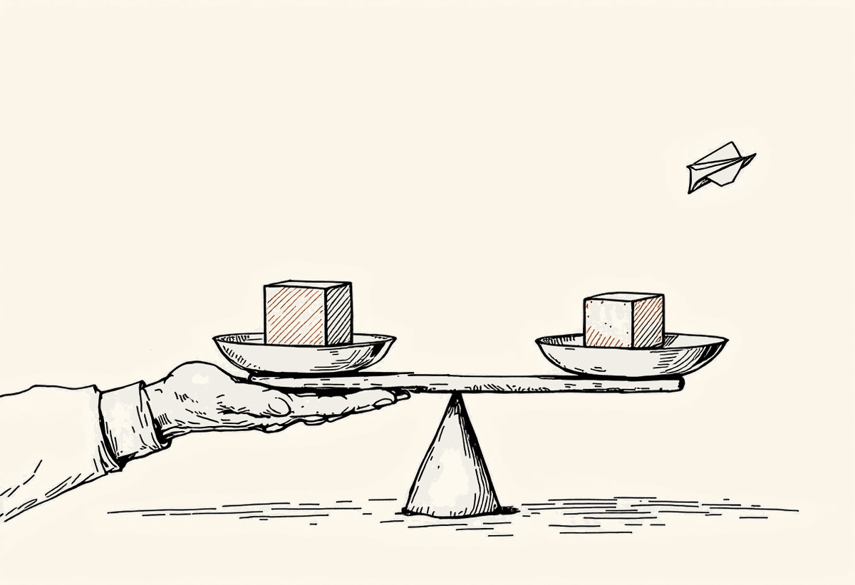 Hand-drawn illustration of a balance scale weighing a solid block against a paper plane