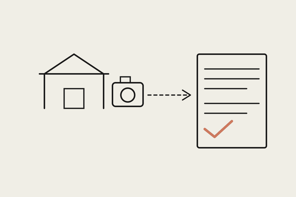 A house with a camera taking photos, connected by a dashed arrow to a report page with a terracotta tick