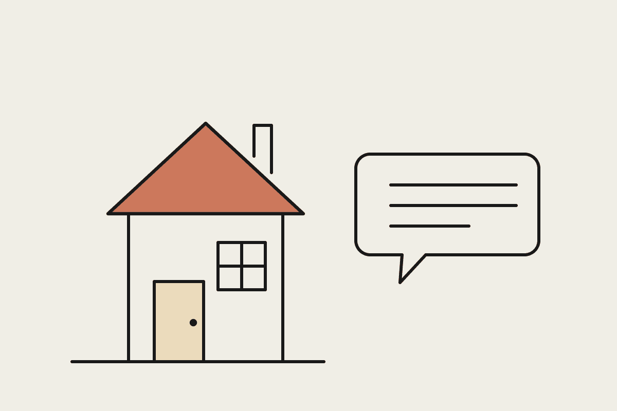 A house with a terracotta roof beside a speech bubble, representing property management communications