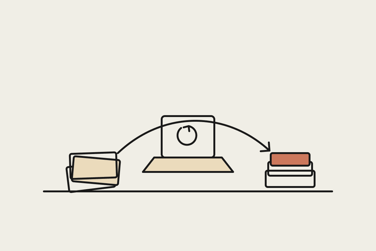 A laptop on a desk turning a messy pile of paperwork into a neat, sorted stack, drawn in the Automata AI notebook style.