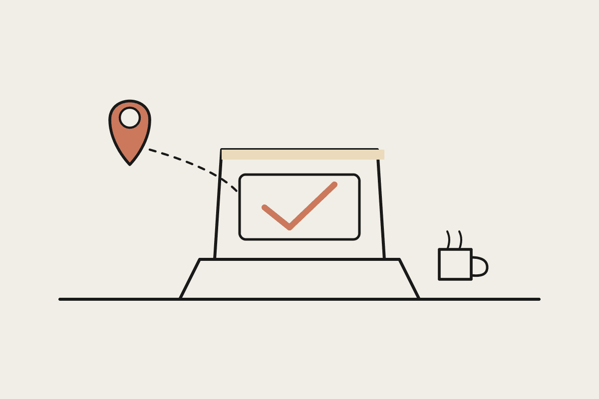 A laptop on a desk with a terracotta checkmark on screen and a terracotta map pin marking Perth, connected by a dashed line representing remote setup