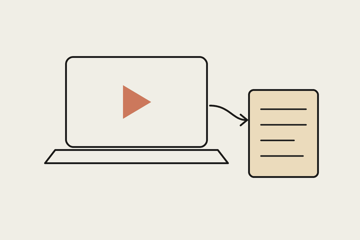 A laptop screen with a play button producing a finished document, drawn in notebook style