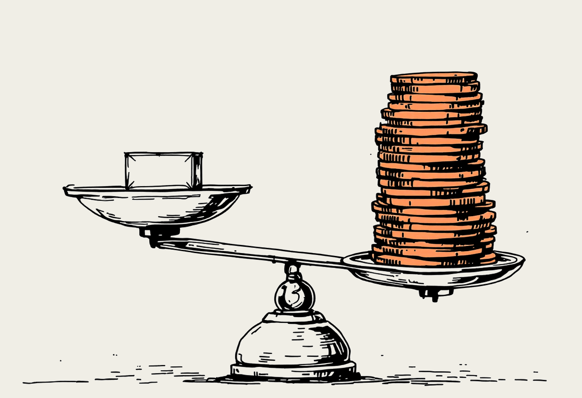 A balance scale weighing a small server against a tall stack of coins