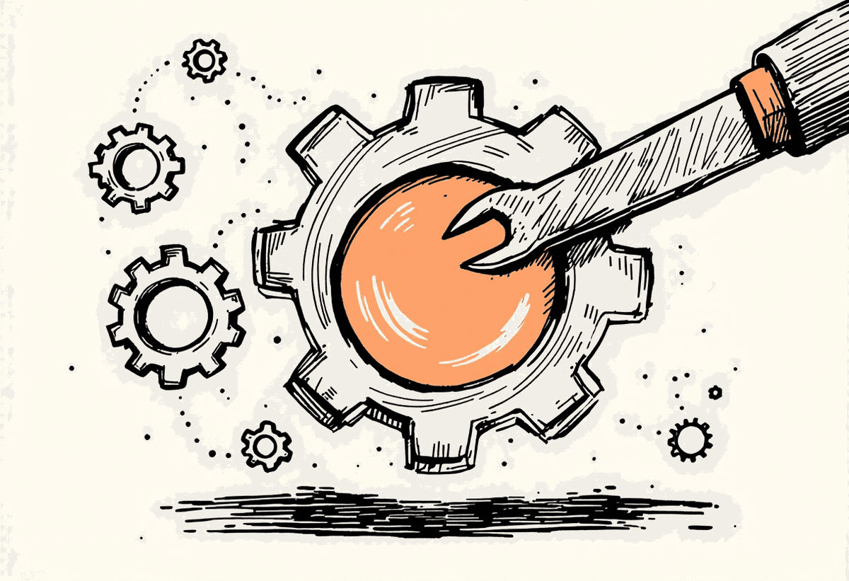 Hand-drawn diagram of a central gear being tuned by a spanner with smaller gears feeding in