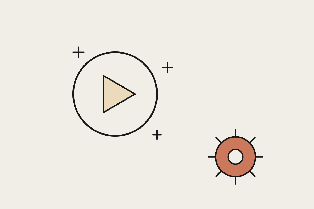 A large flashy play button with sparkles beside a small solid terracotta gear representing the boring problem that pays