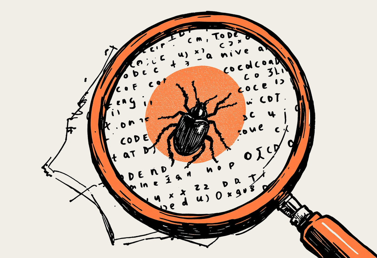Illustration of a magnifying glass inspecting lines of code for a hidden bug